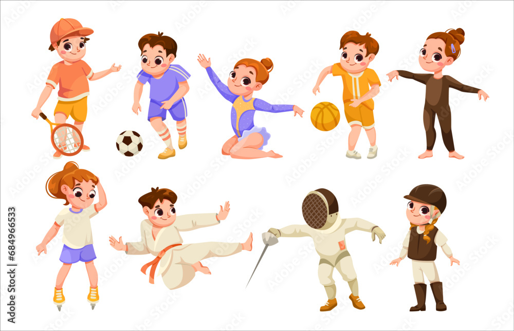 Children Do Sport and Physical Body Training Vector Set Children Do Sport and Physical Body Training Vector Set