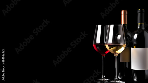 Glasses and bottles with red and white wine on black background