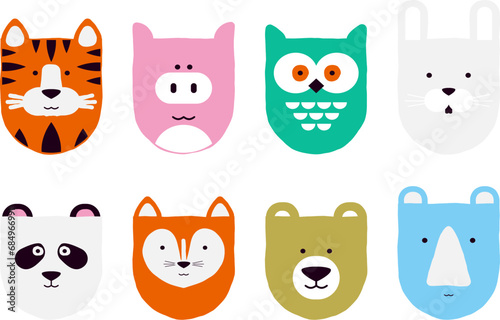 Set of cartoon animal faces. Hand drawn tiger, pig, owl, hare, panda, fox, bear and rhinoceros on a white background. Children's theme.