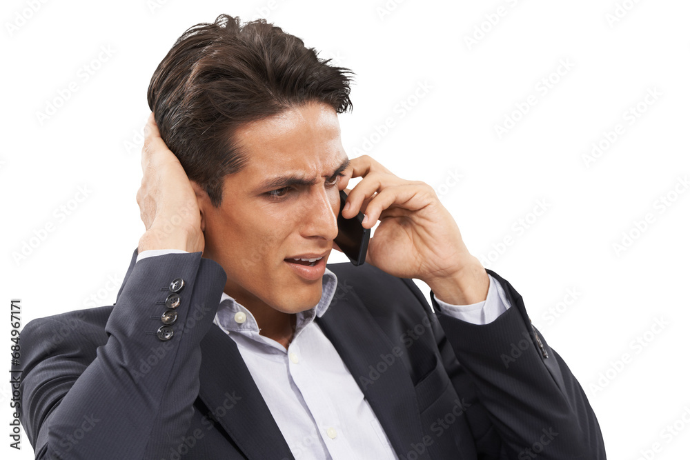 Business, fear and man with phone call stress on isolated, transparent or png background. Smartphone, anxiety and male entrepreneur confused by calling glitch, phishing or stock market crash news Business, fear and man with phone call stress on isolated, transparent or png background. Smartphone, anxiety and male entrepreneur confused by calling glitch, phishing or stock market crash news