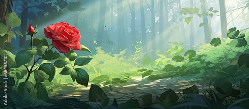 In an enchanting illustration of nature s beauty  a solitary floral rose  with vibrant red petals  stands tall amidst a sea of green leaves and a background of pure white  evoking the essence of