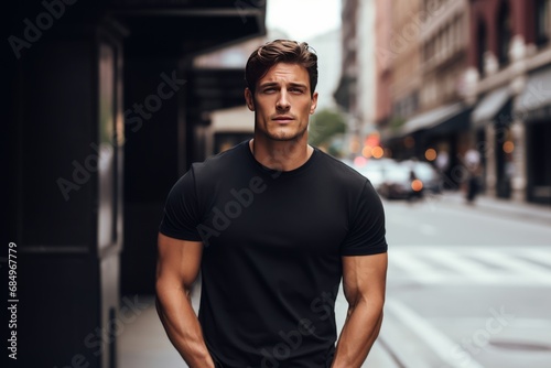Male Caucasian model in classic black cotton T-shirt on the city streets