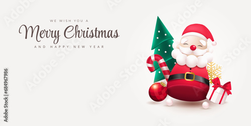 Vector merry christmas and happy new year poster or banner with cute santa claus  gift box and element