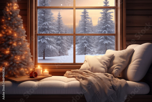 白いクリスマスツリーとキャンドルで飾られた部屋の窓から見える雪景色