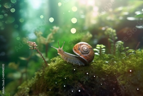 snail on mossy rock with blurred background and aesthetic raindrops. generative ai