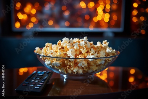 a transparent big bowl with sweet or salty popcorn on a table in front of a tv-set and a remote control. Cozy film night and snack time at home photo
