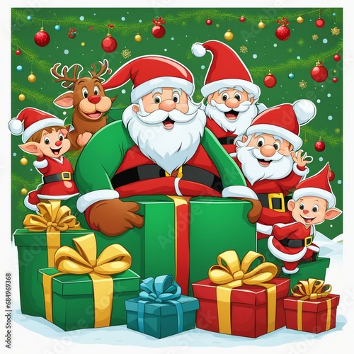 Cute cartoon santa and elves surrounded by presents christmas theme