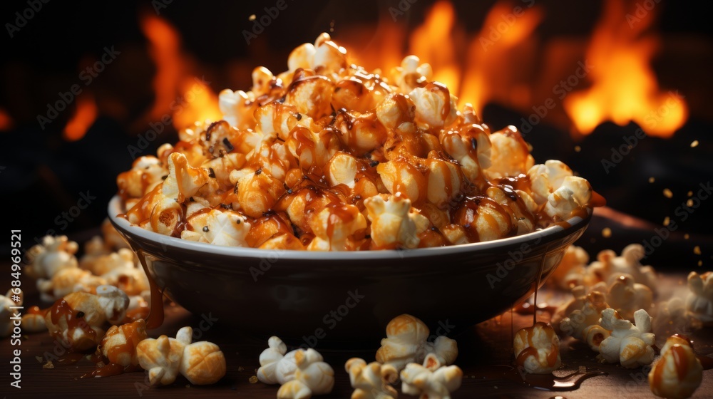 a big bowl with sweet delicious caramel popcorn steaming on a table. Cozy film night and snack time at home a big bowl with sweet delicious caramel popcorn steaming on a table. Cozy film night and snack time at home