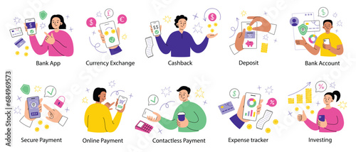 Banking and finance scenes, online payment and bank account compositions, hand drawn collection of people using mobile bank, vector illustrations of online deposit, cashback service, cashless payment