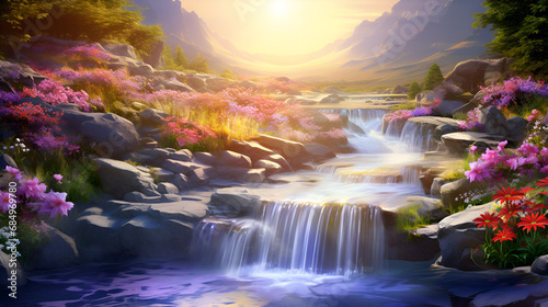  Capturing the Beauty of Jungle Waterfalls,A painting of a waterfall in a tropical jungle with flowers generative ai 