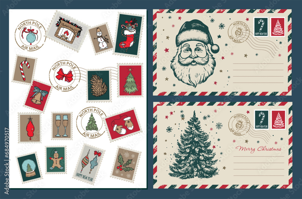 Christmas Stamps, mail, postcard, hand drawn set. Vector.	