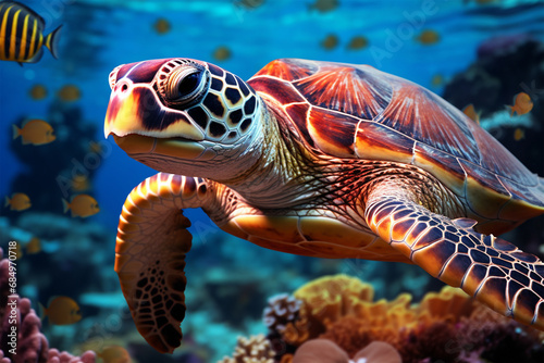 Turtle swimming under blue sea water