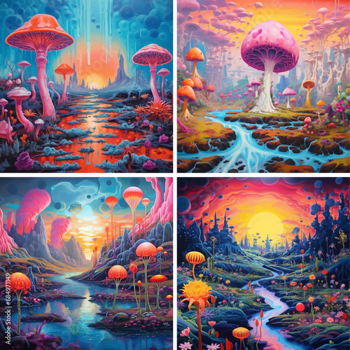 forest nature fantasy landscape tree background mushroom magical light colorful art beautiful
