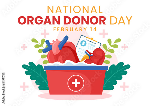National Organ Donor Day Vector Illustration on 14 February with Kidneys, Heart, Lungs or Liver for Transplantation and Healthcare in Flat Background