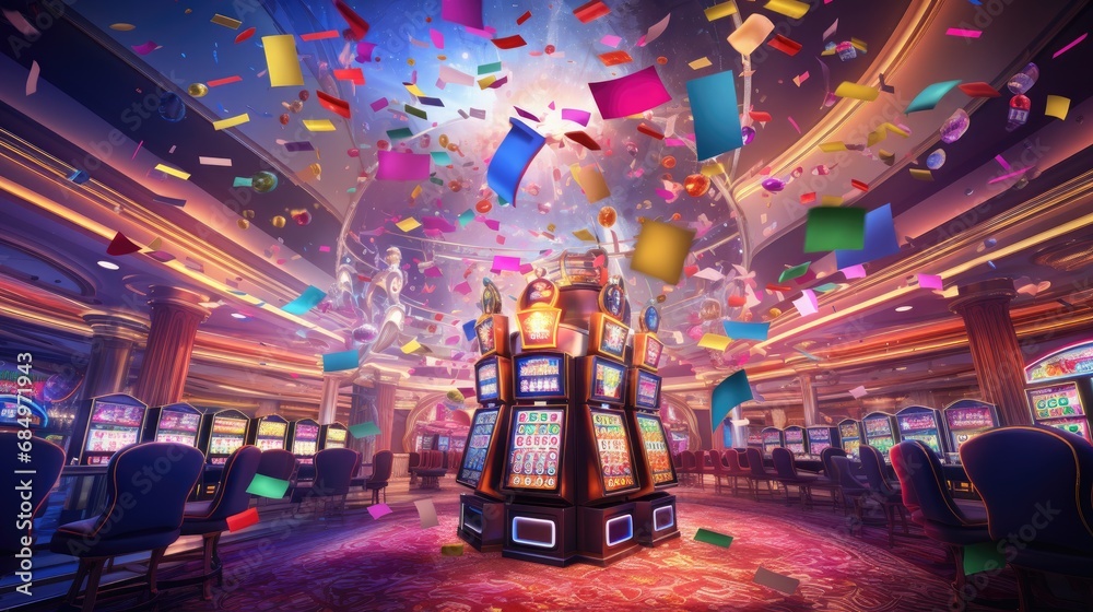 Jackpot confetti explosion in a carnival-themed casino - obrazy, fototapety, plakaty 