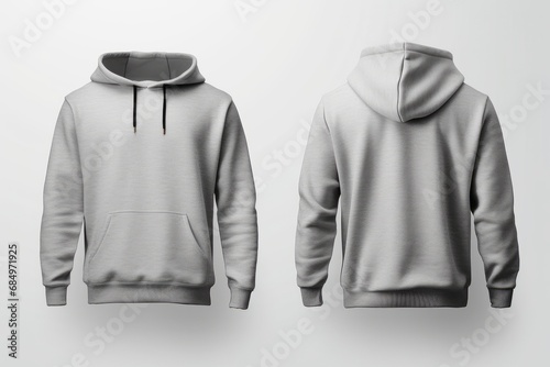 Grey blank hoodie template, from two sides, for your design mock-up for print, isolated on white background photo