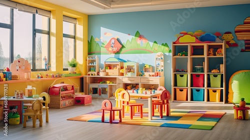 A vibrant and colorful children's playroom in a daycare center
