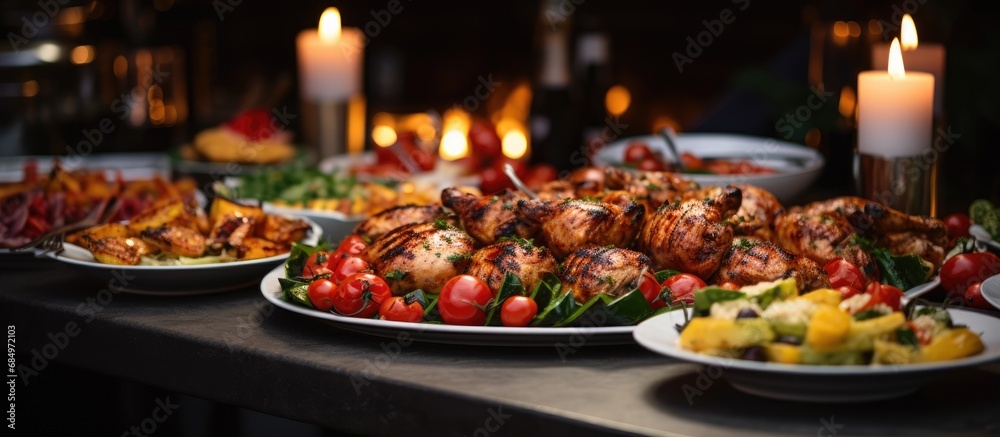 At the hot and vibrant party, the restaurant served a variety of delicious food on the table, including grilled chicken, cooked to perfection for a mouthwatering dinner. The menu offered a range of