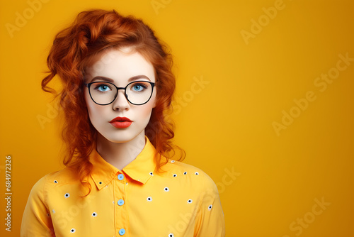 portrait of happy nerdy teen girl isolated on yellow background photo
