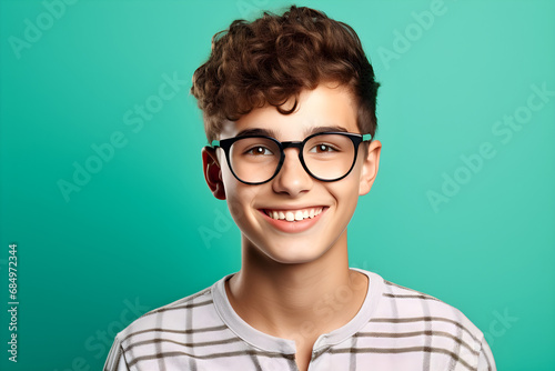 portrait of happy nerdy teen boy isolated on blue background photo