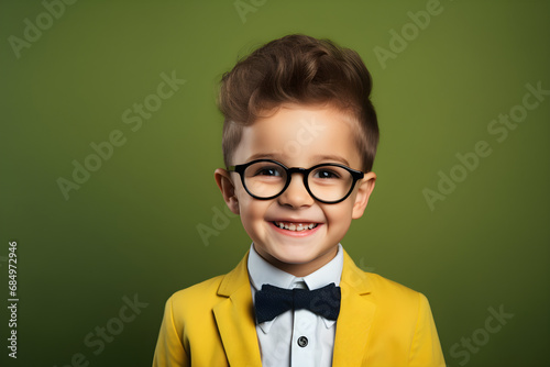 portrait of happy nerdy boy isolated on green background
