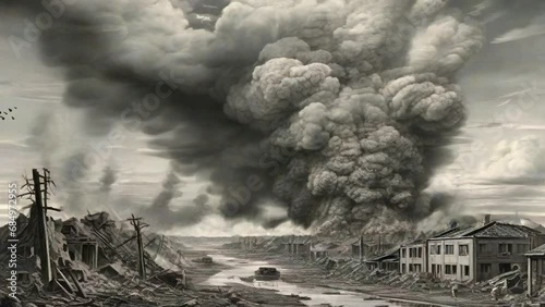 Smoke from the atomic bomb explosion billowed into the sky. World destruction due to war. Black and white style 4K virtual animation overlay photo
