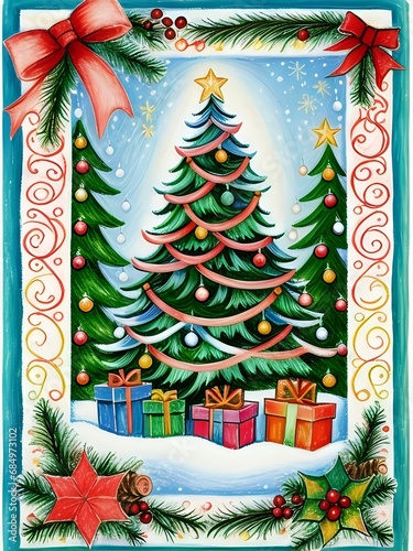 Christmas Greeting Card with Christmas Tree, Generative AI