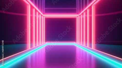 Neon tunnel with colored lights and shiny colors wall in futuristic background
