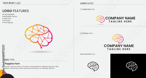 Tech brain logo design. Technology brain vector art. Business. Premium template. Colorful design. Hospital. Brain idea logo. Tech Mind. Poly