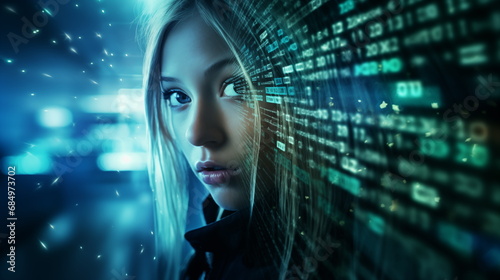 Beautiful Caucasian lady looking askance with futuristic online green matrix cyberspace foreground, 16:9 ratio aspect