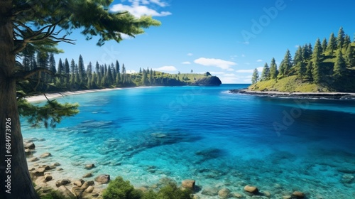 A tropical paradise with a Norfolk Island Pine standing tall beside a pristine blue lagoon, inviting you to relax and enjoy the view.