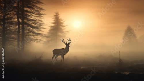 Red deer stag silhouette in the mist