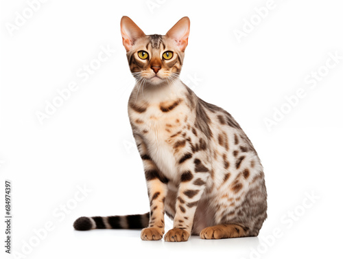 Purebred cat of the Bengal breed in full growth. Isolated on a white background.