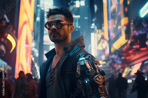 Cyberpunk futuristic man in front of a futuristic neon cityscape. © Patrick Helmholz