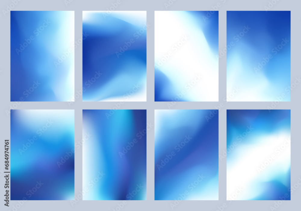 Set of Gradient Mesh Cover Designs in Blue Tones. Abstract Vector Illustration without Transparency.