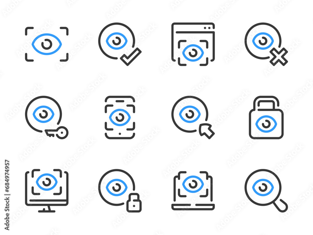 Eye scanning and Retina recognition vector line icons. Authentication and Identification outline icon set. Eye scanning and Retina recognition vector line icons. Authentication and Identification outline icon set.