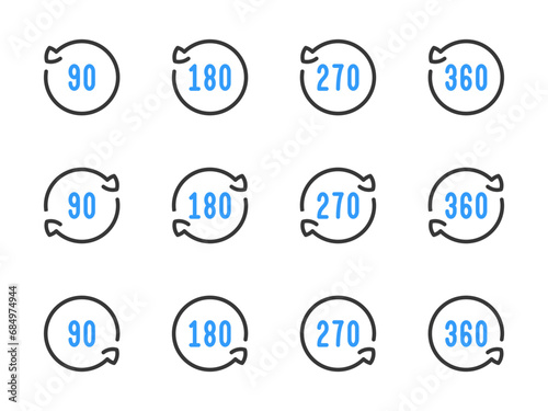 Rotate 90, 180, 270 and 360 degrees vector line icons. Angle of Rotation and Rotating arrow with angle value outline icon set.