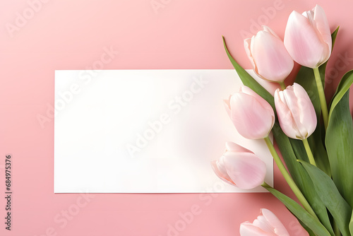 Composition with blank card and beautiful flowers tulip on coloredbackground. top view with space for you desing. generative ai.