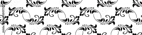 Vintage seamless plant pattern of black stylized stems, leaves, flowers and curls on white background. Retro style. Vector backdrop, texture for victorian wallpapers, wrapping paper, fabric