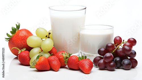 Fresh fruit with glass of milk isolated on white background