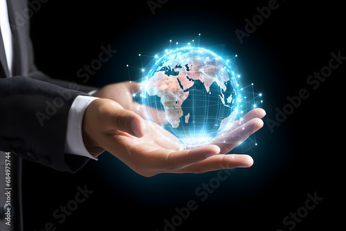 Hand of businessman touching circle global network. generative ai.