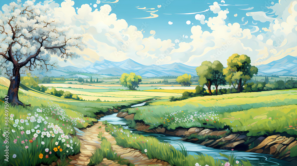 Hand-drawn beautiful Van Gogh-style impressionistic spring landscape illustration
