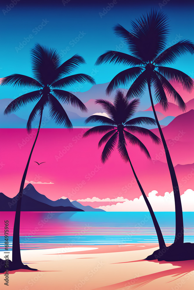 Sunset on a tropical beach with palm trees, 80s style. Generative AI