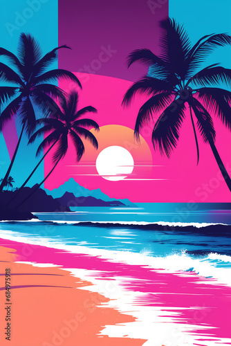 Tropical sunset with palm trees silhouettes on the beach, cartoon 80s retro illustration. Generative AI