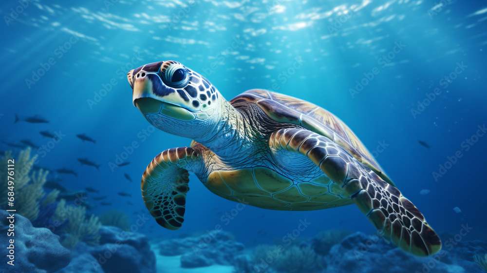 Sea turtle swims in the blue ocean