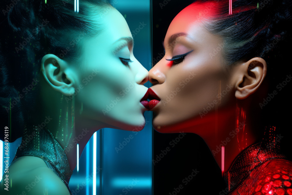 Two beautiful young woman models kissing, two girls facing each other
