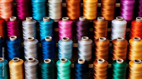 Threads in a tailor textile fabric background with colorful cotton threads of all colors photo