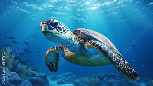 Sea turtle swims in the blue ocean