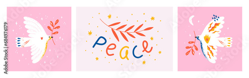 4 Postcards International Day Of Peace. Banners with dove, lettering. Banner, card with symbol of no war, world peace. Vector illustration.