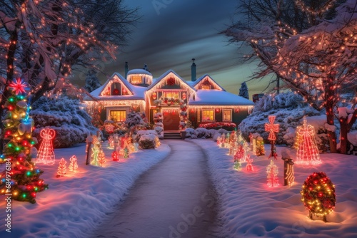 a festive christmas outdoor illumination and decoration of a private residency house. Many colorful fairy led lights creating beautiful fairy tale xmas atmosphere photo